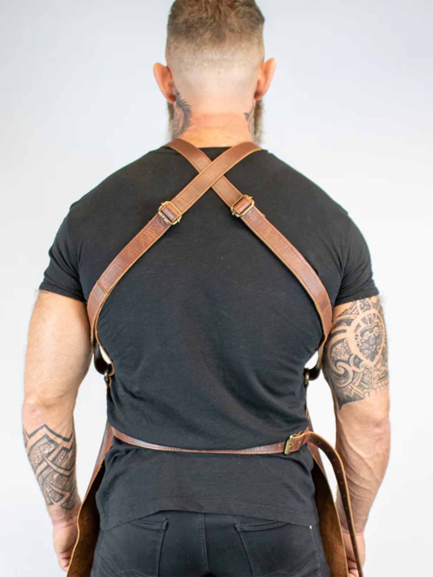 Brown Ruche Cross Back Leather Apron